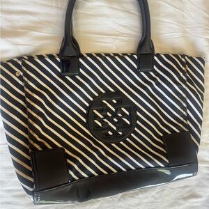 Tory Burch Black and Cream Striped Tote